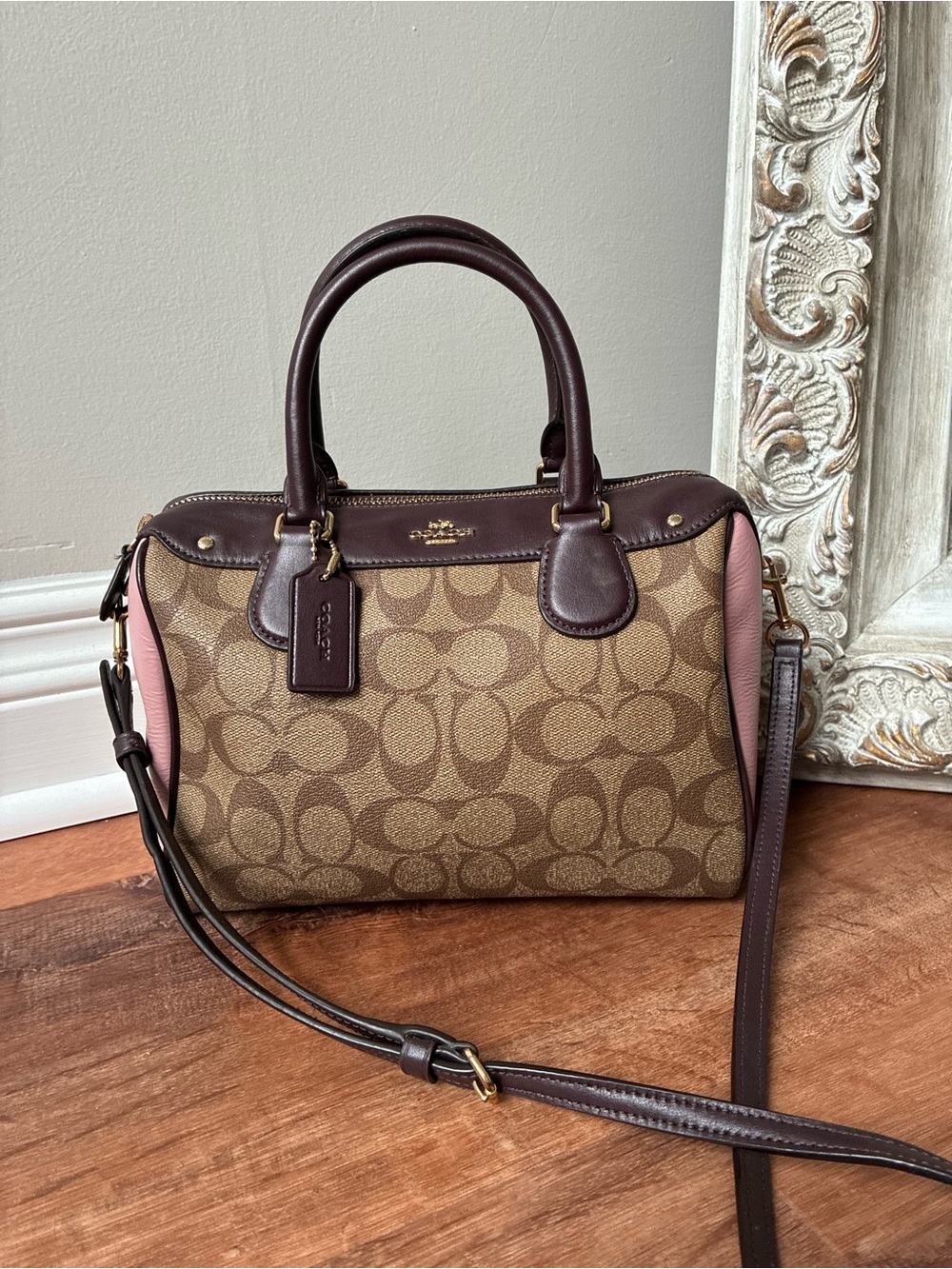 Coach Mini Bennett Satchel Crossbody Bag in Colorblock, Khaki / Pink / Plum 5749